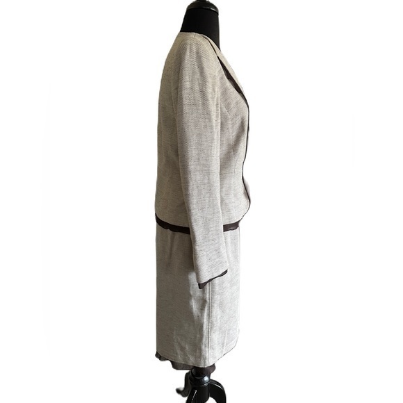 Liz Claiborne Suit Set Skirt Blazer Linen Blend Cream Brown Ruffle Cuff Trim 12P - Picture 2 of 13